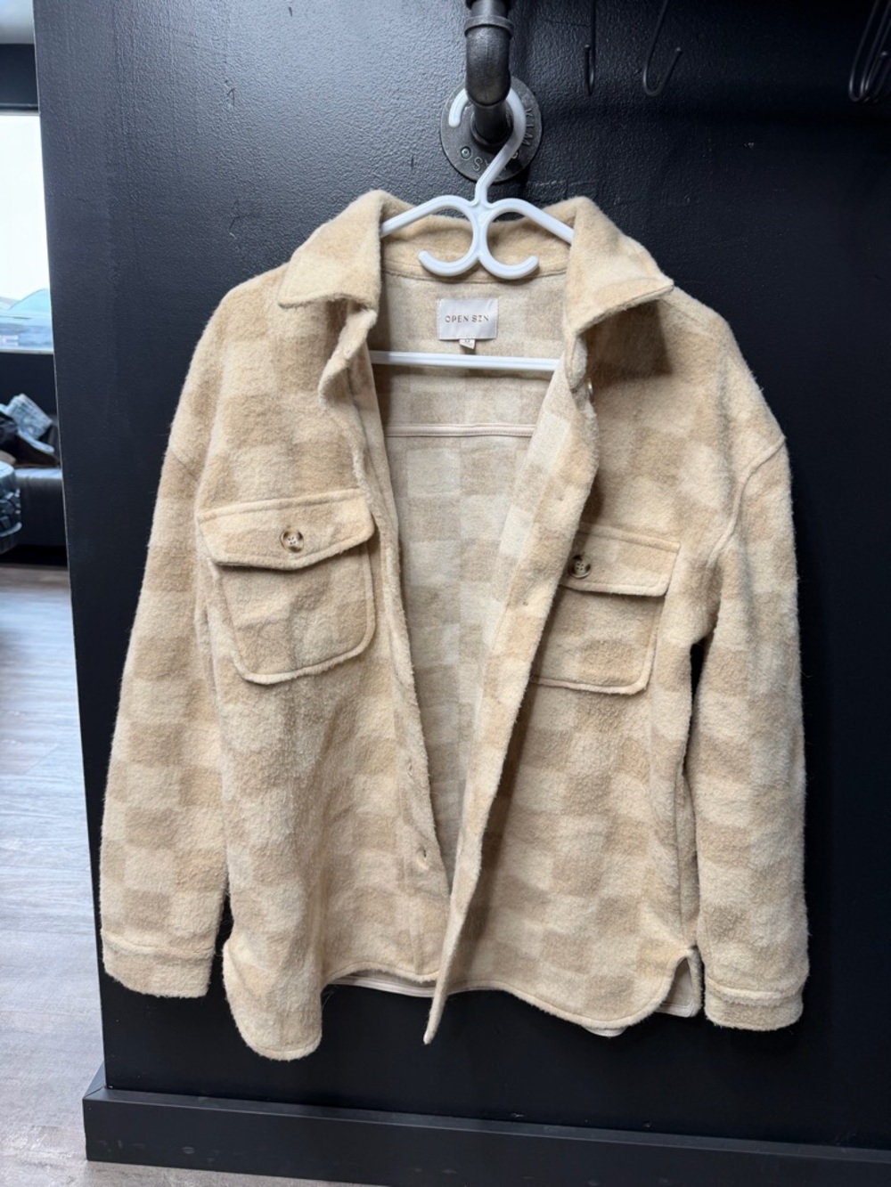Beige Checked Sherpa Shacket